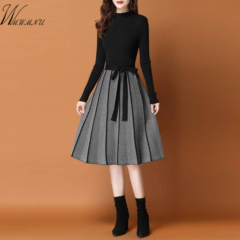 

Elegant Knitted Sweater pleated Dress Female Autumn Winter Dress Long Sleeve Sweater Women Dress Office Lady Casual Midi, Green