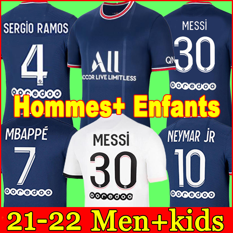 

MESSI MBAPPE jerseys HAKIMI SERGIO RAMOS 21 22 Maillots de football 2021 2022 MARQUINHOS VERRATTI Soccer men kids kit shirts uniforms enfants maillot foot, 21-22 away+patch1