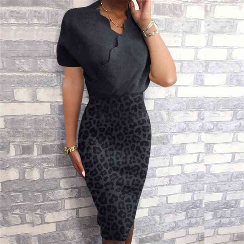 

Women Summer Pencil Dress Elegant Ruffle V-Neck Short Sleeve Elastic Waist Leopard Print Slim Package Hips Party Vestidos 210526, Black