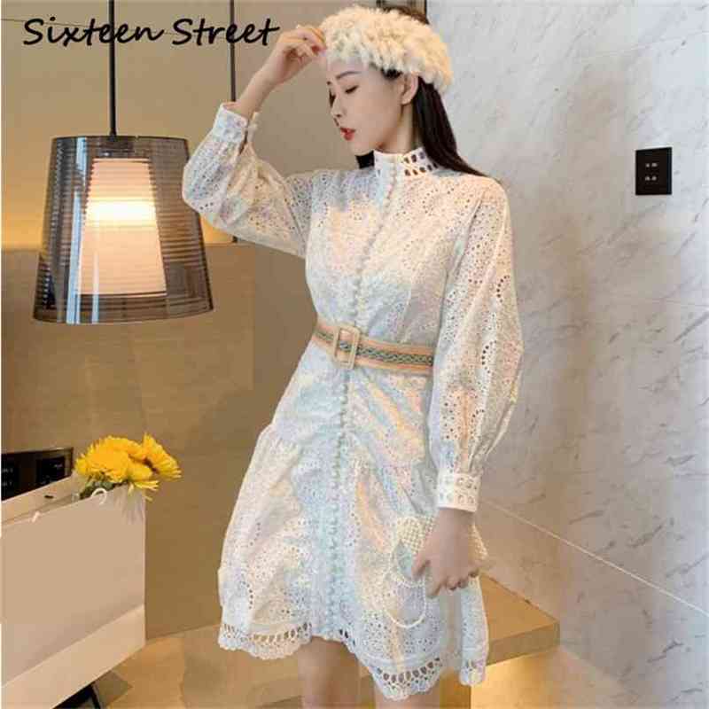 

Spring And Autumn Dress Woman White Lace Hollow Elegant Fashion Lady Vestidos Belt Button Female Luxury Clothing 210603