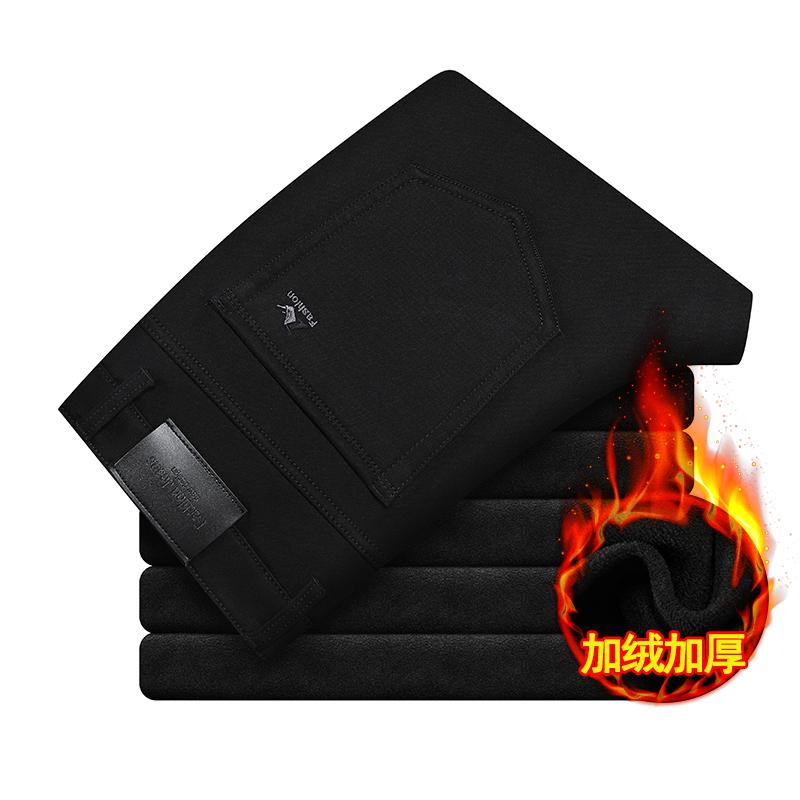 

Men's Jeans Winter Brand High Quality Fit Straight Black Fleece Thick Warm Business Casual Waist Stretch