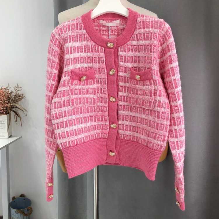 

Spring Autumn Elegant Women Pink O-Neck Knitted Cardigans Single-Breasted Slim Chic Sweater Female Tops 210526