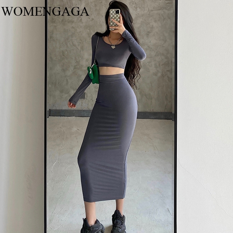 

WOMENGAGA Sexy Tight Short Umbilical Full Sleeve T-shirt + High Waist Hip Slim Skirt Two-piece Set 64QI 210603, Tops kq