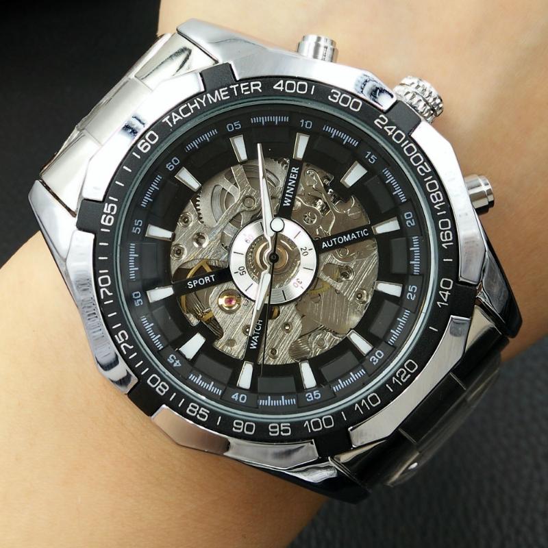 

Automatic Watches Men Luxury Skeleton Mechanical Watch Silver Stainless Steel Wrist Relogio Masulino Drop Wristwatches, White