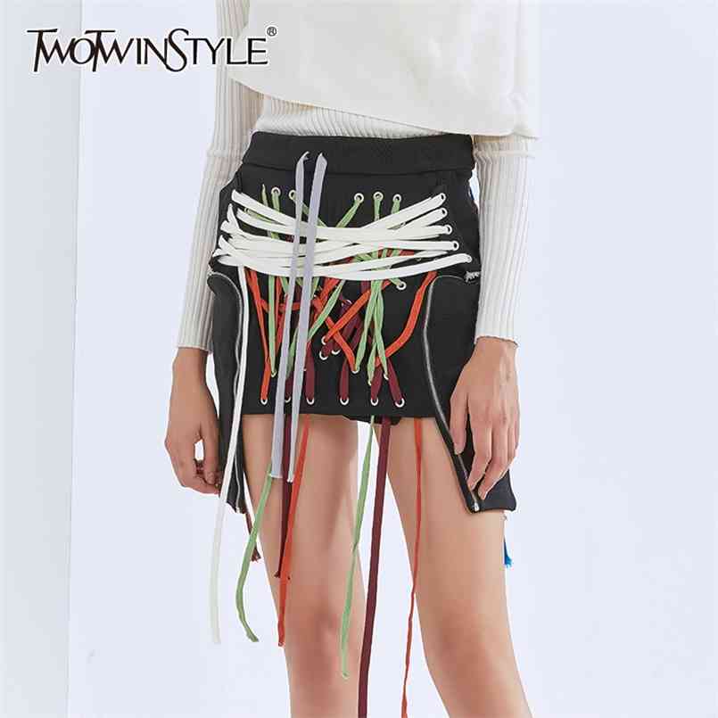 

Designer Skirt For Women High Waist Colorful Patchwork Bandage Hit Color Streetwear A Line Skirts Female 210521