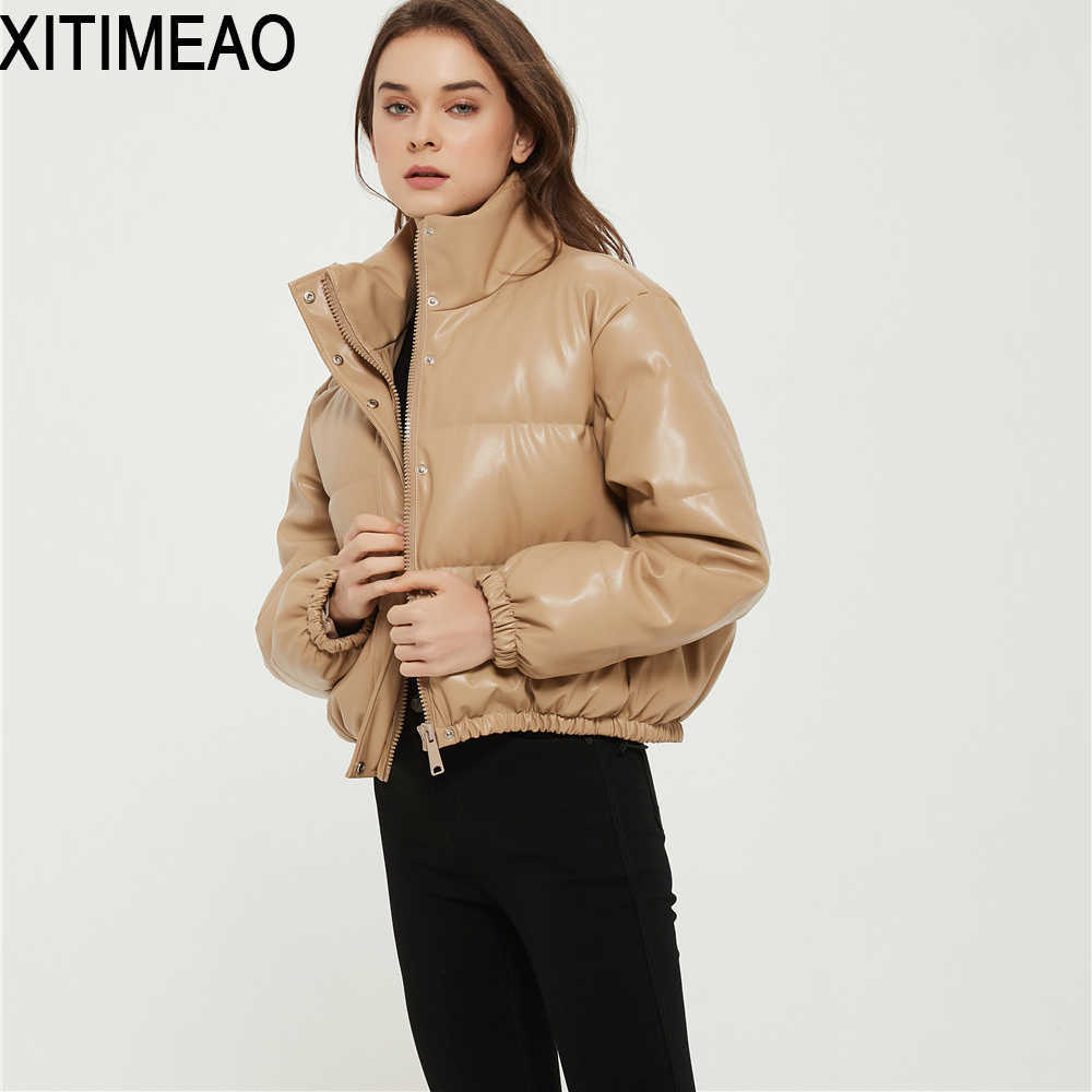 

ZA Women Fashion Faux Leather Padded Jacket Thick Warm Parka Coat Vintage Long Sleeve Female Outerwear Chic Tops 210604, As picture