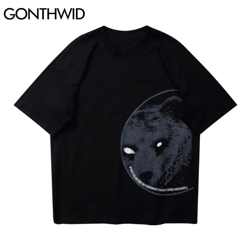 

Tees Shirts Streetwear Hip Hop Bear Print Punk Rock Gothic Tshirts Men Harajuku Fashion Short Sleeve Casual Cotton Tops 210602, Black