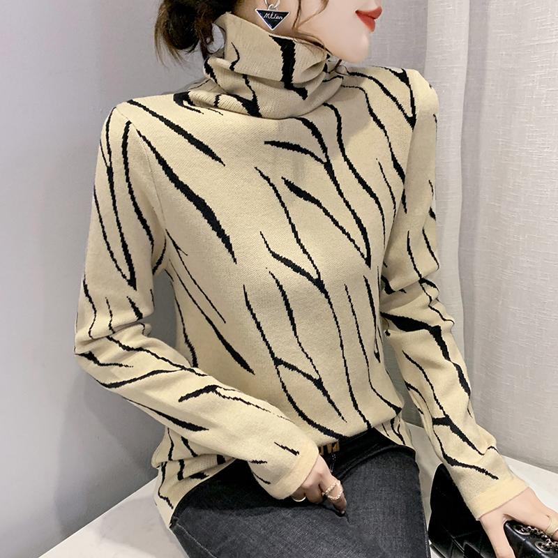 

Women's Sweaters Fall Winter Knit Turtleneck Sweater European Clothes Women Fashion Zebra Stripes Long Sleeve 2021 Pullover, Black sweater