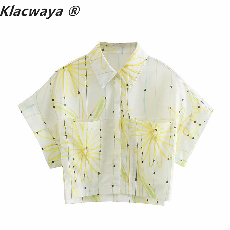 

Women Za Fashion Daisy Print Blouses Pockets Short Sleeve Button-up Female Shirts Blusas Chic Summer Tops 210521, As shown