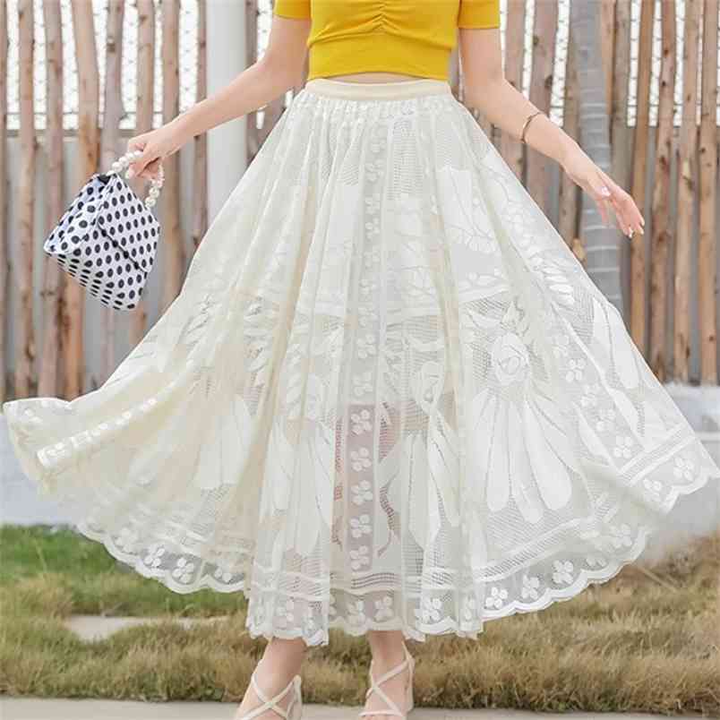 

Summer Women Lace Fairy Skirt Sweet Korean Fashion Elegant High Waist Long Skirts Female 210519, Picture color