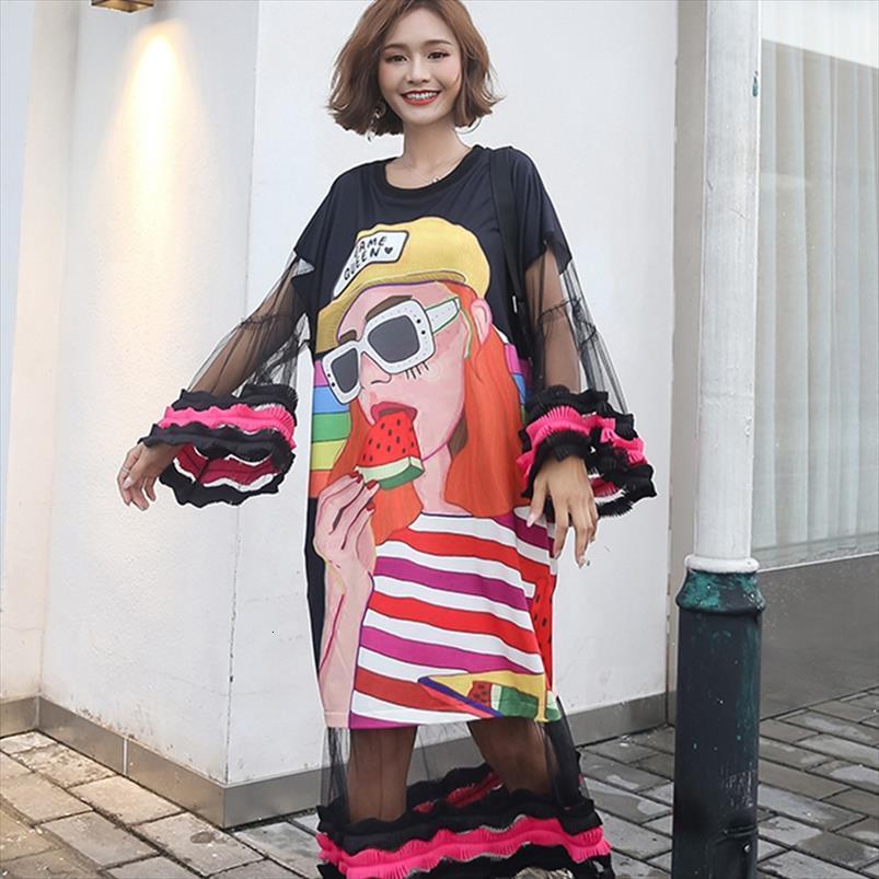 

kawaii cartoon print dress womens camis mesh spliced plus size summer loose kpop cute vestidos flare sleeve lt537s40, White