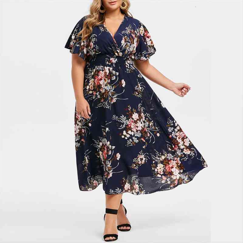 

plus size floral maxi women dress summer v-neck bohemian beach sundress casual large long vestidos verano, Black;gray