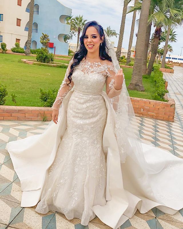 

2022 Plus Size Arabic Aso Ebi Mermaid Luxurious Sexy Wedding Dress Lace Beaded Sheer Neck Bridal Gowns Dress ZJ266, Ivory
