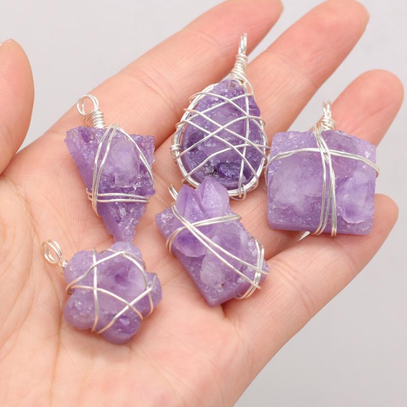 

Charms Natural Amethysts Pendant Rock Mineral Purple Quartz Reiki Healing Energy Stone For Femme Jewelry Making DIY Necklace, Bronze;silver