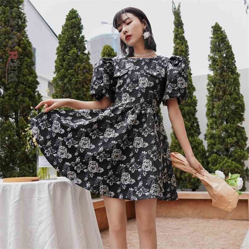 

Women Dress Print Floral Round Neck Short Puff Sleeve Temperament Loose Fit Fashion Summer 2H612 210526, Picture color
