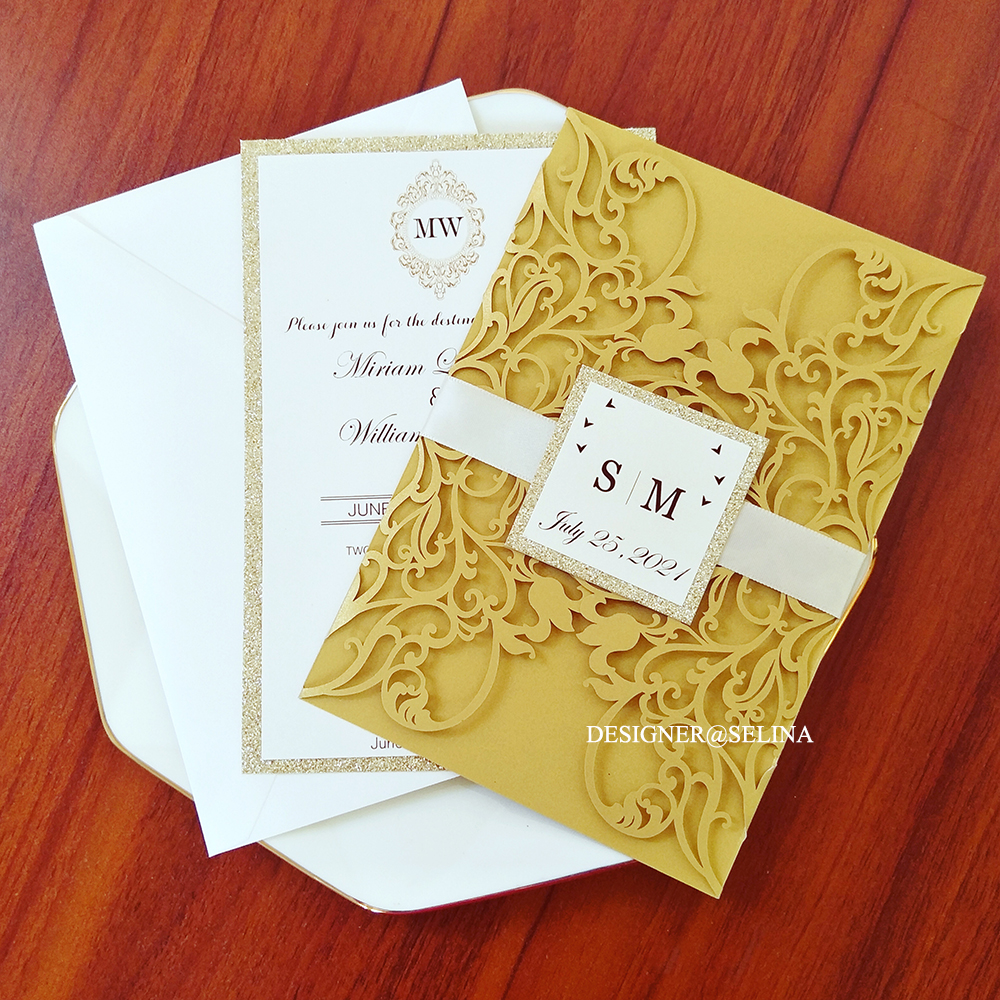 

Luxury Wedding Invitation With Glittery Insert And Tag DIY Gold Personalized Print Bridal Shower Cards Anniversary Invites, Ivory