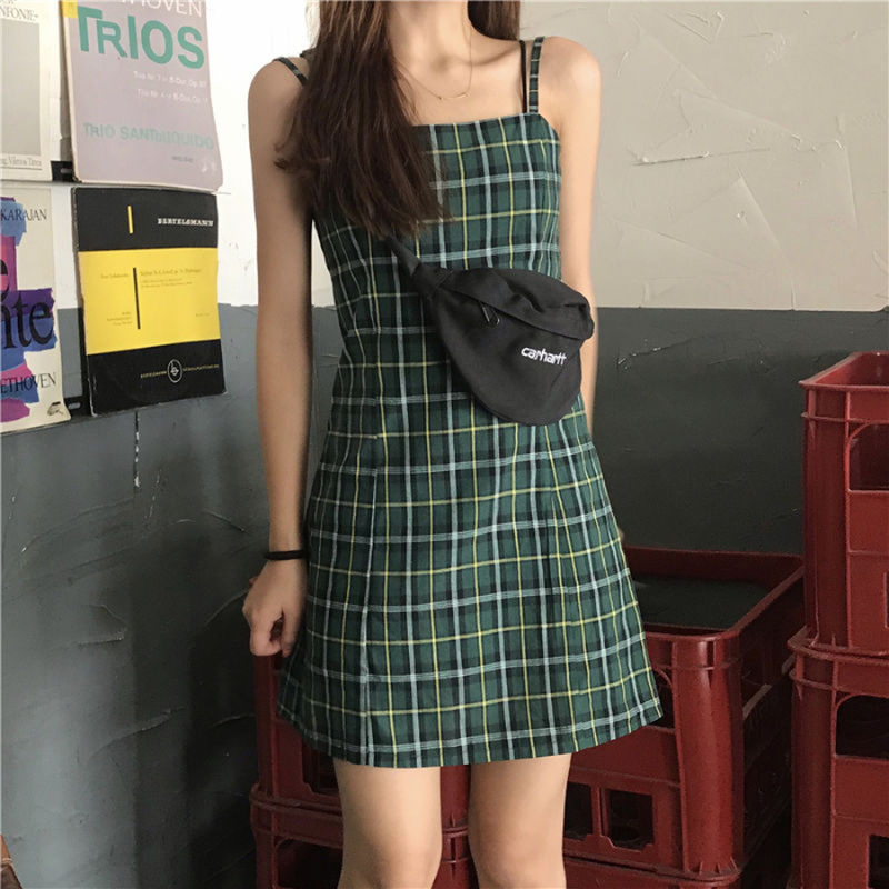 

Summer Hipster Plaid Strap Slim Fit Women Dress Fairy Green Color Sweet Fashion Sleeveless Mini Dress Preppy Suspender Dresses, 337 black