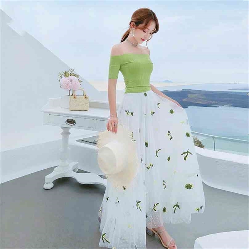 

Elegant Green Off The Shoulder Top and Embroidery Mesh Skirt Women Two Piece Outfits Set Dress Summer 210603, Gray