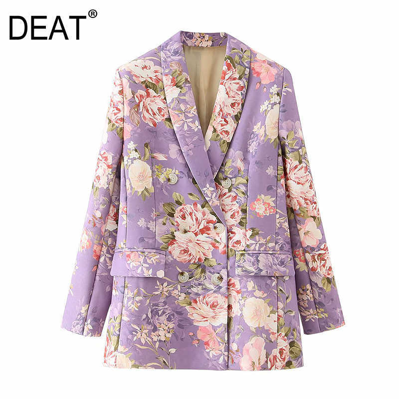 

[DEAT] Women Printed Mixed Color Floral Blazer Lapel Long Sleeve Loose Fit Jacket Fashion Autumn Winter 13U145 210527, Purple