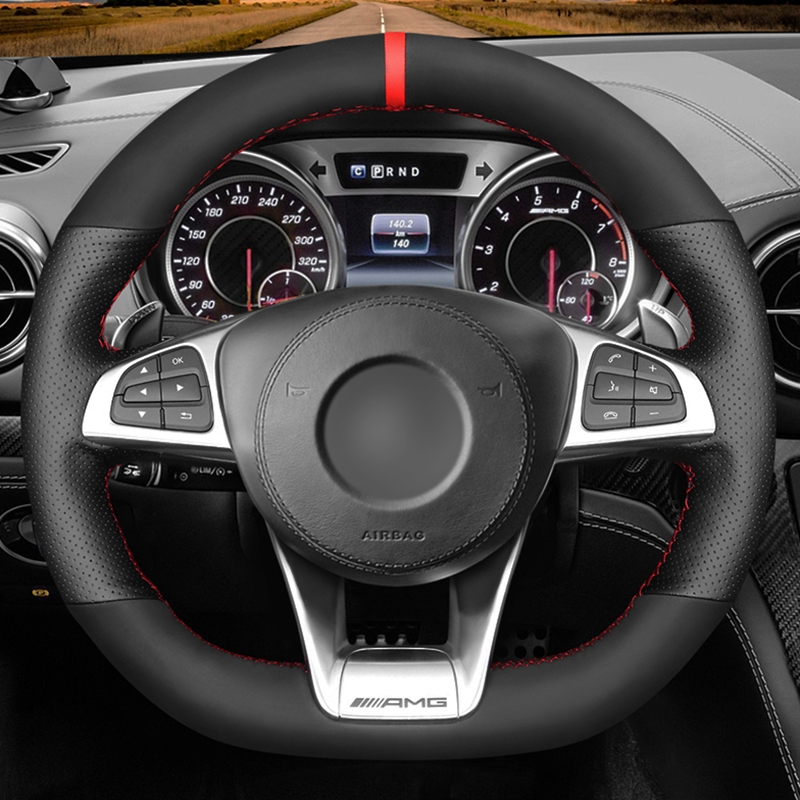 

Black Genuine Leather Suede Car Steering Wheel Covers Braids For Mercedes-Benz A 45 C E S 43 63 CLA AMG CLS SLC GLA GLE GLS