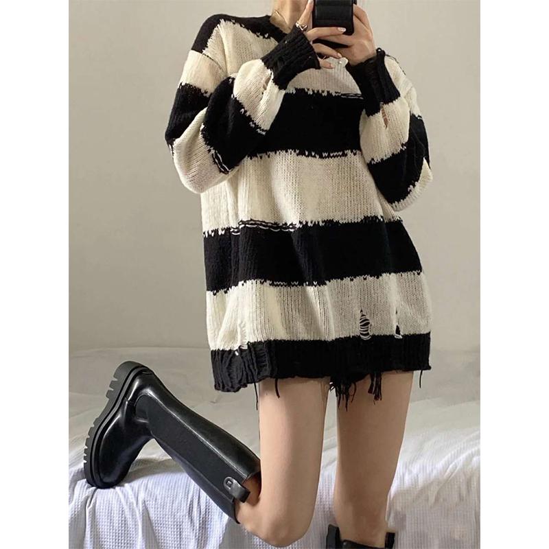

Women's Sweaters Autumn Winter Knitted Striped Sweater Loose Warm Jumper Streetwear Knitwear Women Casual Oversized Pullovers, White;black