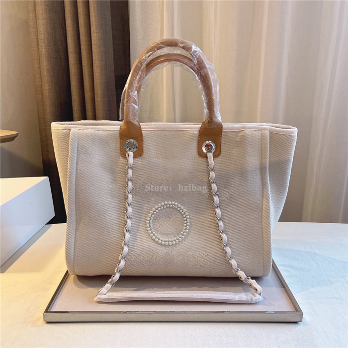 

Pearl Chain Designers Womens Totes Bag Cream Canvas Large Shopping Bag Designers Womens Shoulder Bags Duffle Bag Deauville Tote