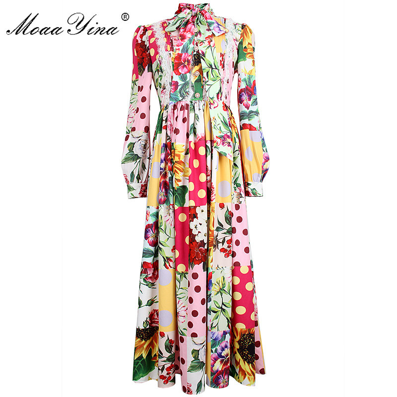 

Spring Fashion dress Women Dress Bow collar Long sleeve Lace Beaded Crystal Floral-Print Bohemia Vacation Dresses 210524, Multi