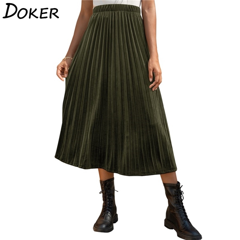 

Women Long Skirt Summer A Line Casual Loose Office Lady Bottoms Female Plus Size High Waist Pleated Midi Skirts Ropa Mujer 210603, Green