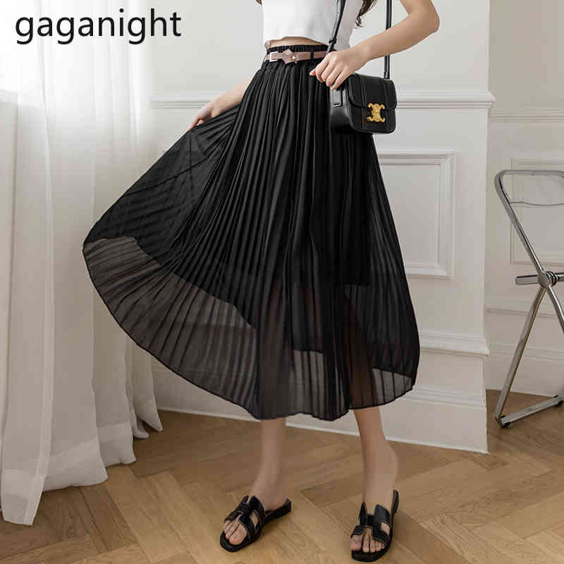 

Gaganight Chiffon Women Long Skirt Solid A Line Elastic High Waist Pleated Summer Fashion Swing Japanese Skirts Plus Size 210519, Black