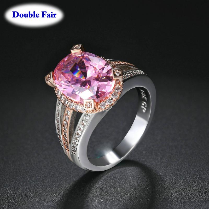 

Wedding Rings Rose/White Gold Color Prong Setting Big Oval Pink Crystal For Women Party 2021 Jewelry Copper Ring DWYG075, Slivery;golden