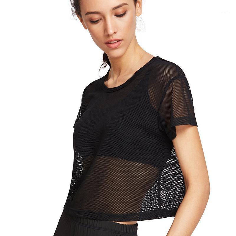 

Mesh Hollow Black Sports Shirt Women Sexy Breathable Short Sleeve Plus Size Running Female Top 2021 Workout Casual Yoga Clothing Outfit