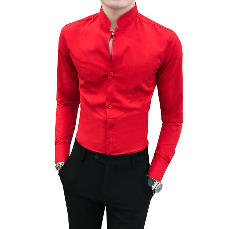 

Mens Casual Red Shirt Long Sleeve Simple Social V-neck Shirts Men Slim Fit Stand Collar Night Club Tuxedo Gentlemen Men's, Black