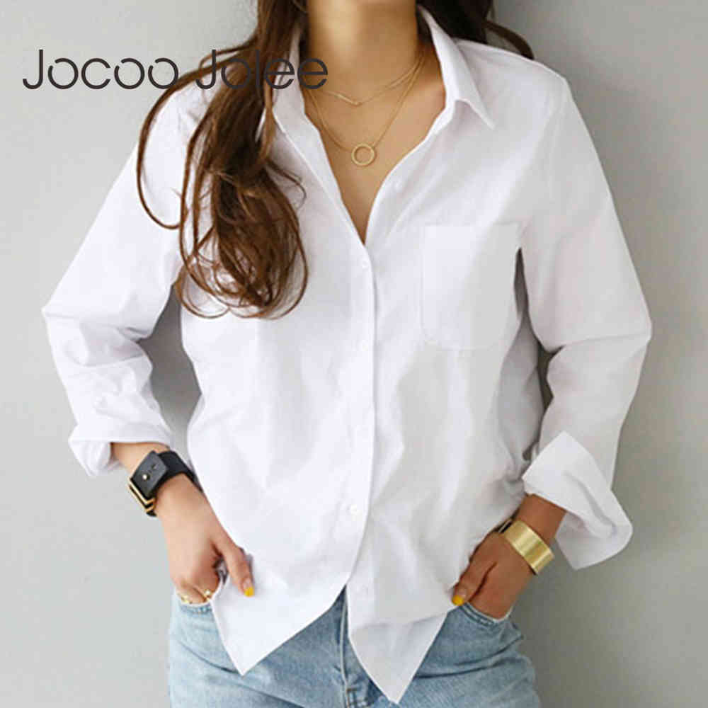 

Jocoo Jolee Women Elegant White Shirt Office Lady Long Sleeve Turn Down Collar Blouse Causal Single Breasted Pocket Loose Shirts 210518