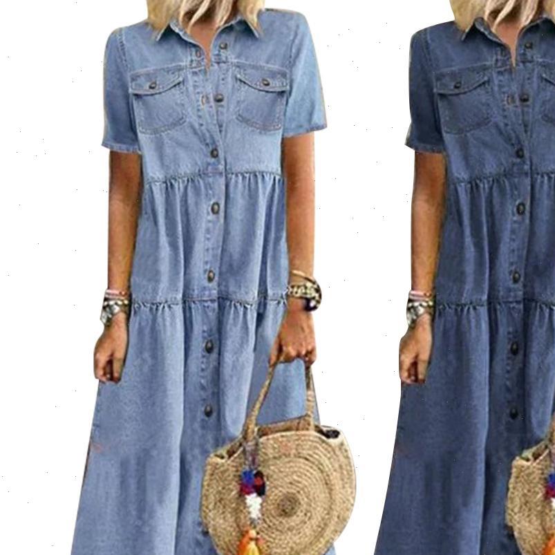 

womens dress clothes denim retro casual short sleeve turn down collar pockets button dresses long loose office, Black;gray