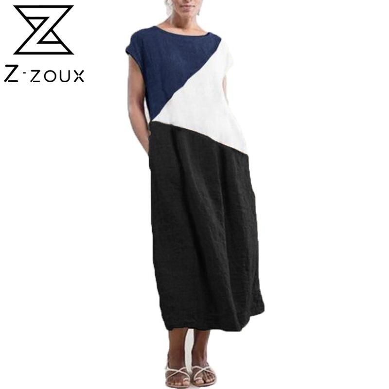 

Women Dress Color Matching Short Sleeve Plus Size Long Cotton Dresses Summer Fashion Sexy 210524, Brown