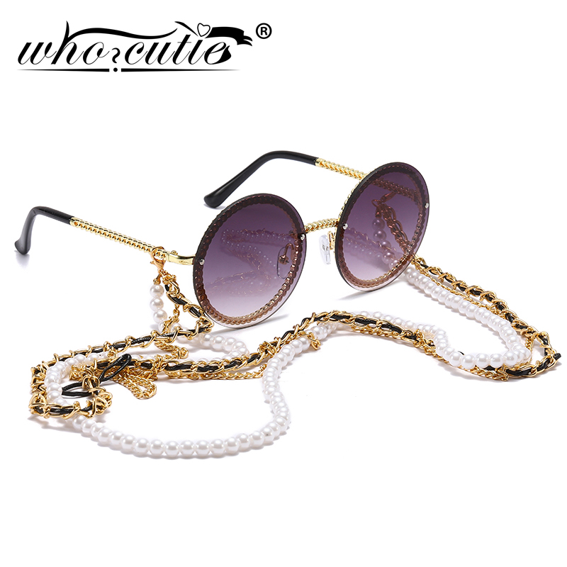 

Vintage Round Sunglasses Women with Pearl Chain Accessory Luxury Brand Design Retro Gold Frame Sun Glasses Female Shades, White;black