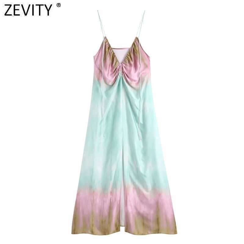 

Zevity Women Sexy Pleated Deep V Neck Color Tie Dyed Print Inner Style Sling Dress Female Chic Front Split Summer Vestido DS8145 210603, As pic ds8145bb