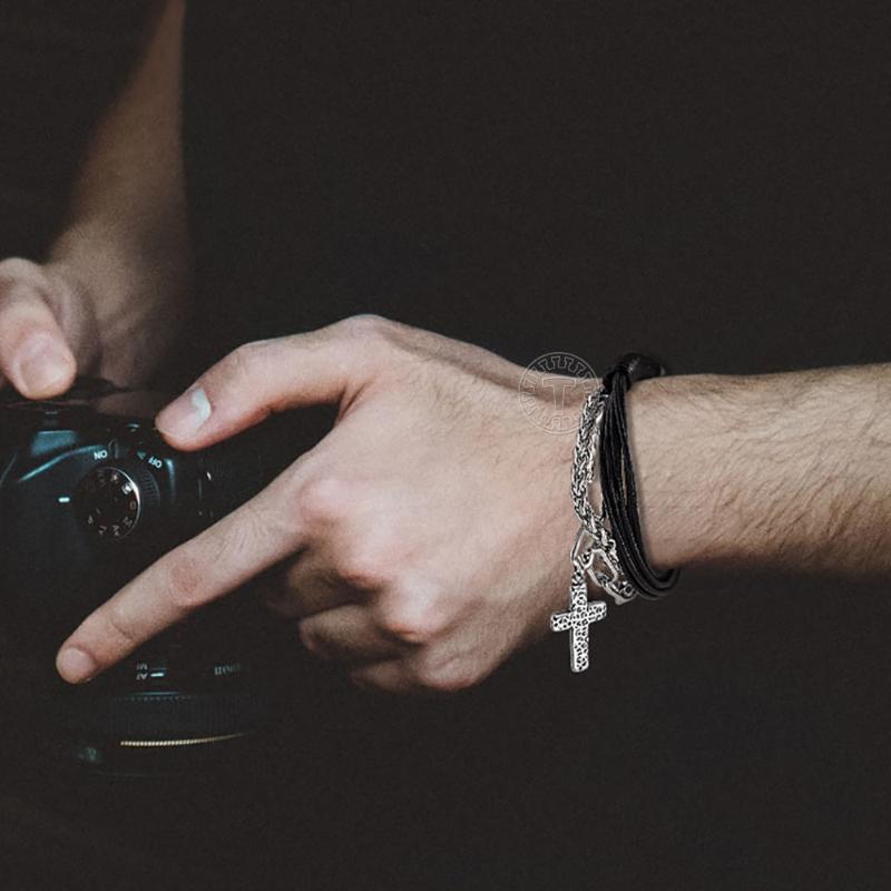 

Link, Chain Wristband Bracelet For Men Women Stainless Steel Wheat Papaerclip Link Cross Charm Black Man-made Leather LDLB200