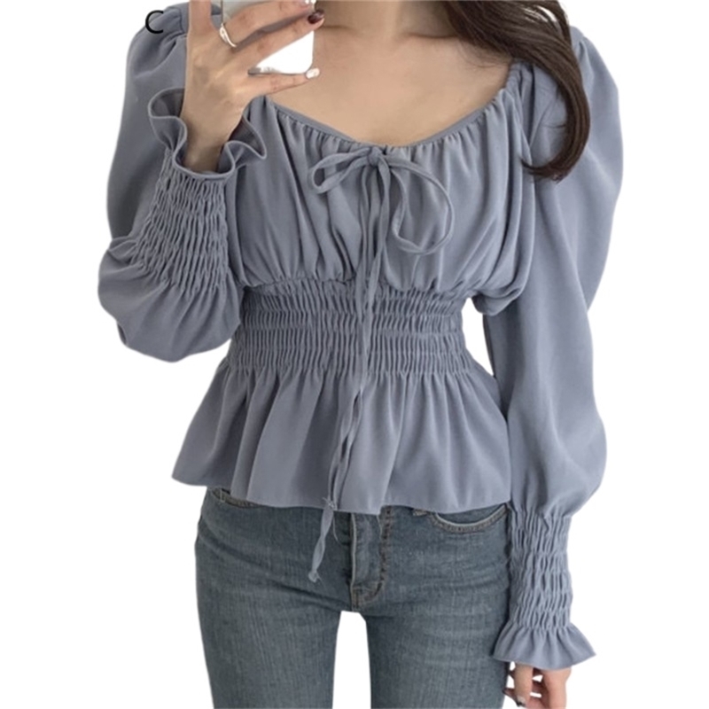 

Chic Korea Off Shoulder Tops Blusas Women Spring Solid Color Bow Tie Slim Waist A Line Belly Peplum Short Shirts Blouses 210520, Gray-blue