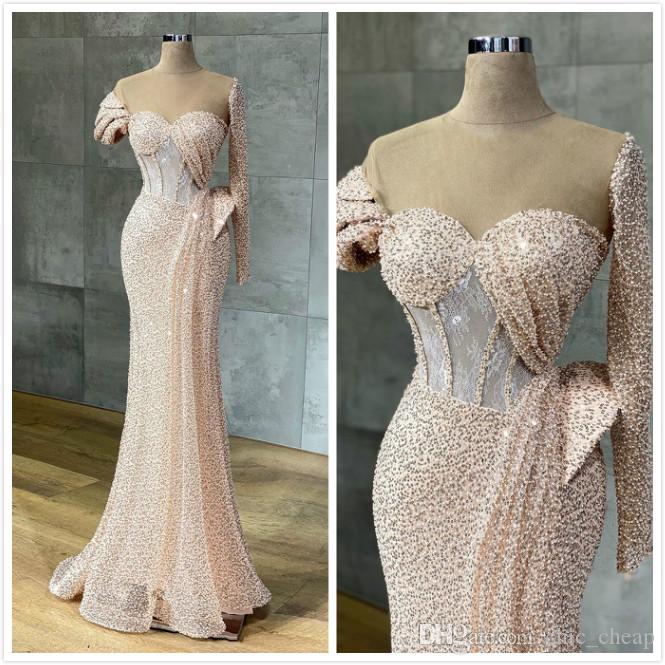 

Aso Ebi 2021 Arabic Champagne Sparkly Sexy Evening Dresses Mermaid Sequined Prom Dress Rose Gold Formal Party Second Reception Gowns, Silver