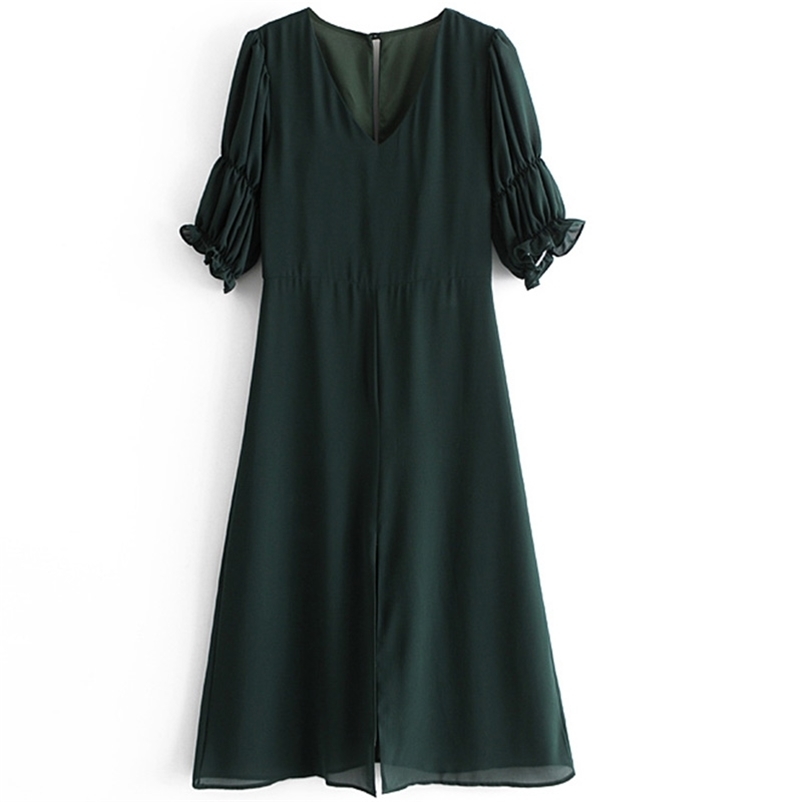 

Summer Mini Dress Women Lantern V-neck Split Ruffles Fashion Female Soft Casual Size L 210524, As the photo