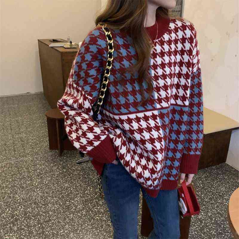 

Houndstooth Sweater Women 2021 Oversized Knitted Sweaters Korean Fashion Retro Outerwear Lazy Pullover Long Sleeve Top Casual Y1110, Red