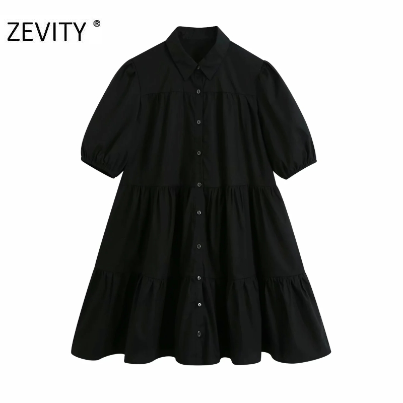 

ZEVITY Women simply turn down collar solid black mini Dress office lady pleats ruffles Vestido Chic casual loose Dresses DS4418, As pic ds4418bb