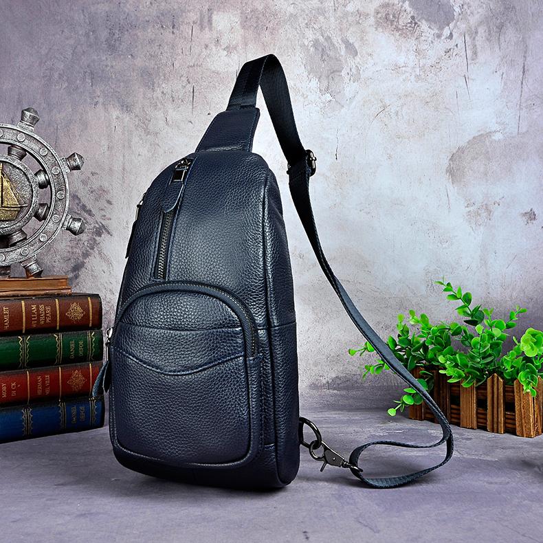 

Waist Bags Crazy Horse Leather Men Casual Blue Travel Triangle Chest Sling Bag Design 8" Tablet One Shoulder Strap Daypack Male 8012, Black