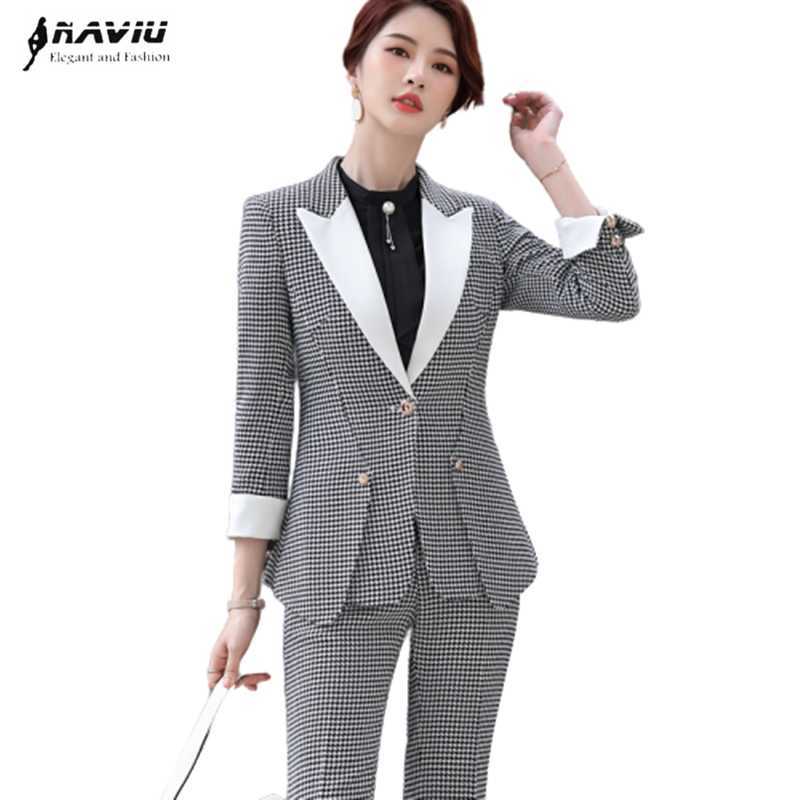 

Plaid Pants Suit Women Fashion Temperament Business Long Sleeve Blazer and Trousers Office Ladies Formal Work Wear 210604, Black coat and pant