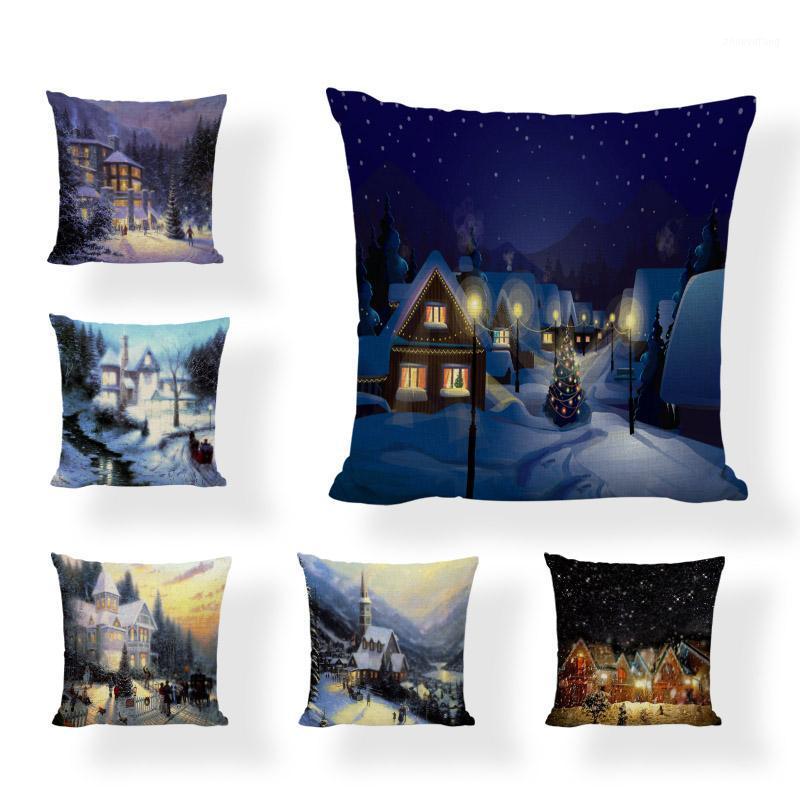 

Promotion 45x45cm Christmas Cushion Cover Tree House Snow Home Bedroom Sofa Holiday Gift Linen Printed Decor Throw Pillow Cases