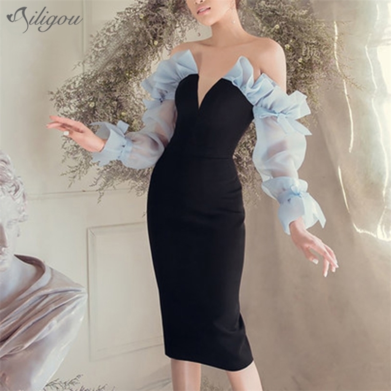 

Summer Ladies Long-Sleeved V-Neck Club Dress Sexy Ruffled Strapless Lace Patchwork Celebrity Runway Party 210525, Black dress