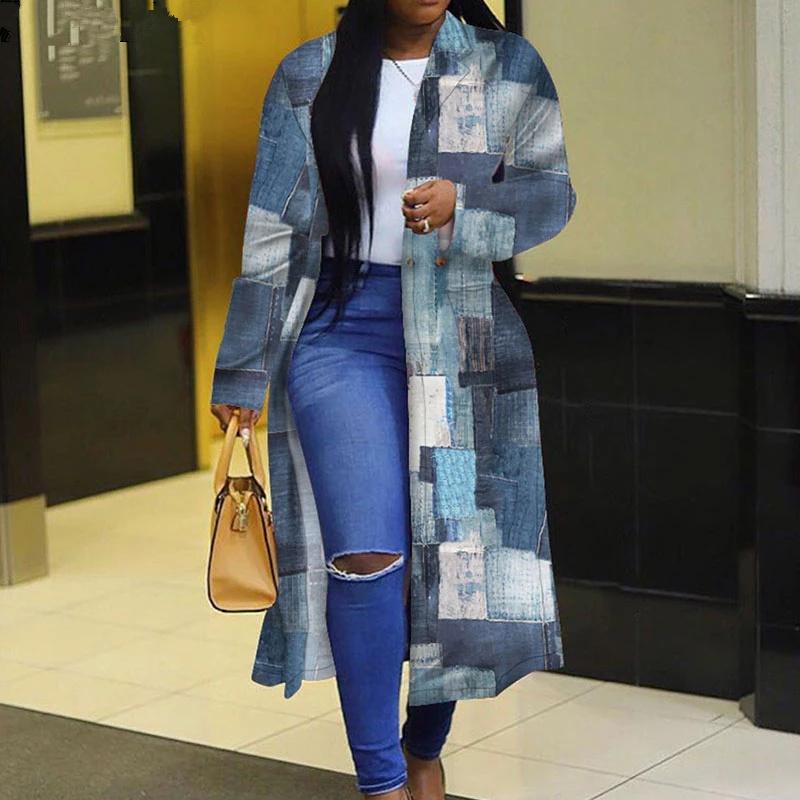 

Women's Trench Coats Coat Women Fashion Denim Vintage All Match Casual Loose Jacket Printing Button Streetwear Turn Down Collar Manteau Femm, Tan;black