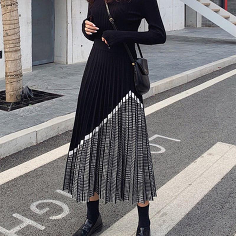 

Skirts Runway Women's Knitted Skirt Fall Winter Fashion Lattice Patchwork Elastic Waist Pleated Thick Black Warm A-line, Picture color