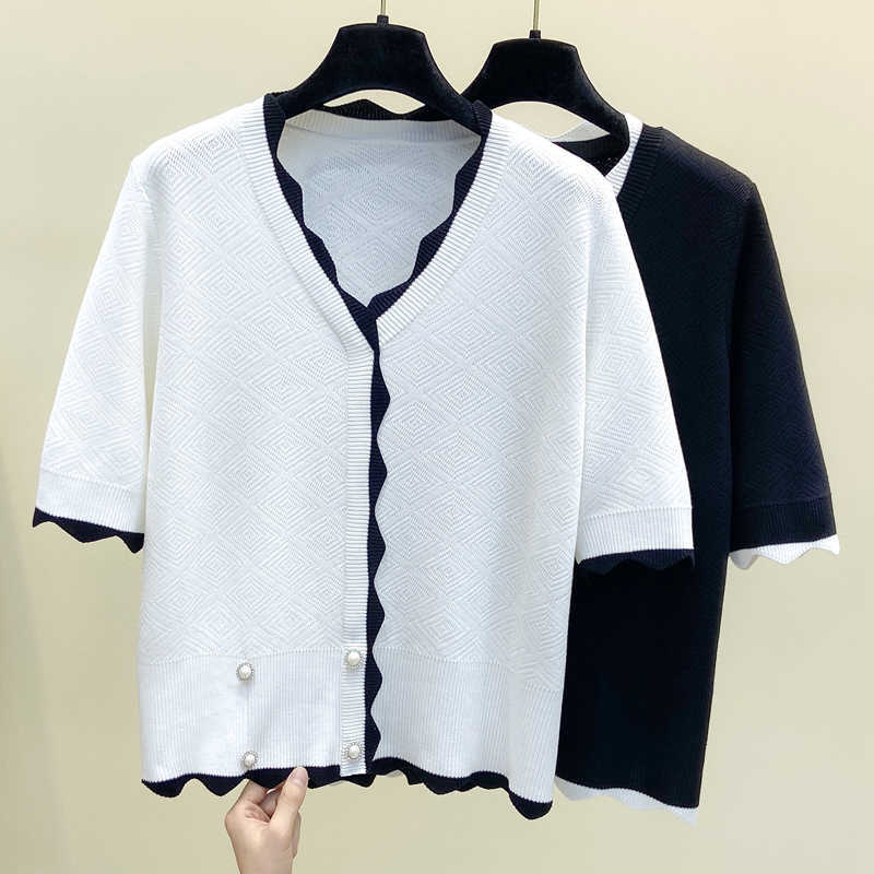 

M-4XL plus size Summer basic thin women sweater pullover loose casual short sleeve v neck kintting jumper Oversized T-shirt 210604, Black